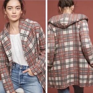 Anthropologie Field & Flower Plaid Sweater Coat Hooded Wool Long Knit Size Small